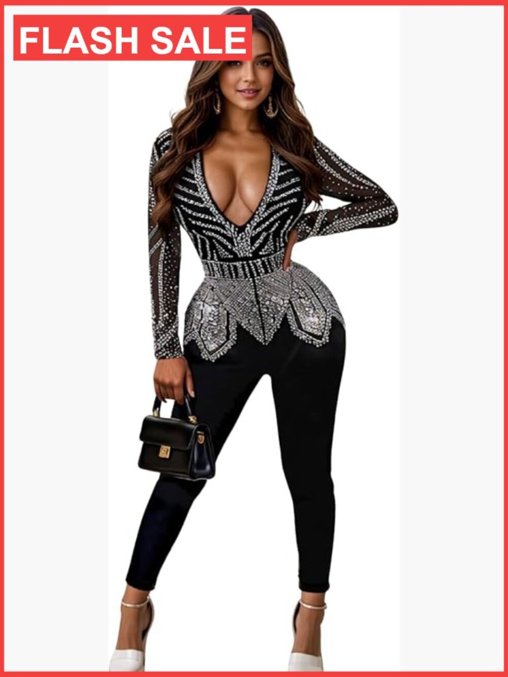 Sexy Rhinestone Bodycon Jumpsuit V-Neck Long Sleeve Party Romper Stretchy